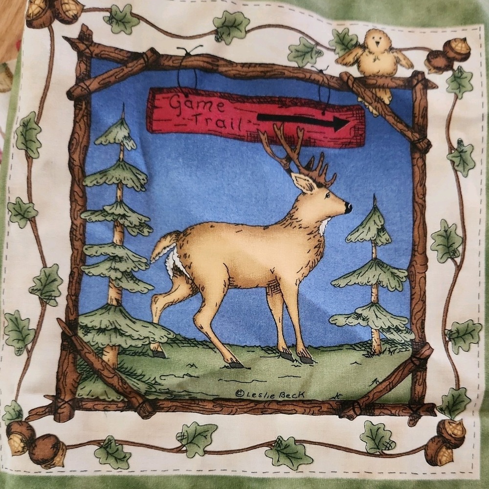 1 yd/Vtg Cranston Leslie Beck Camping Fire Lodge Fishing Canoeing Cotton Fabric